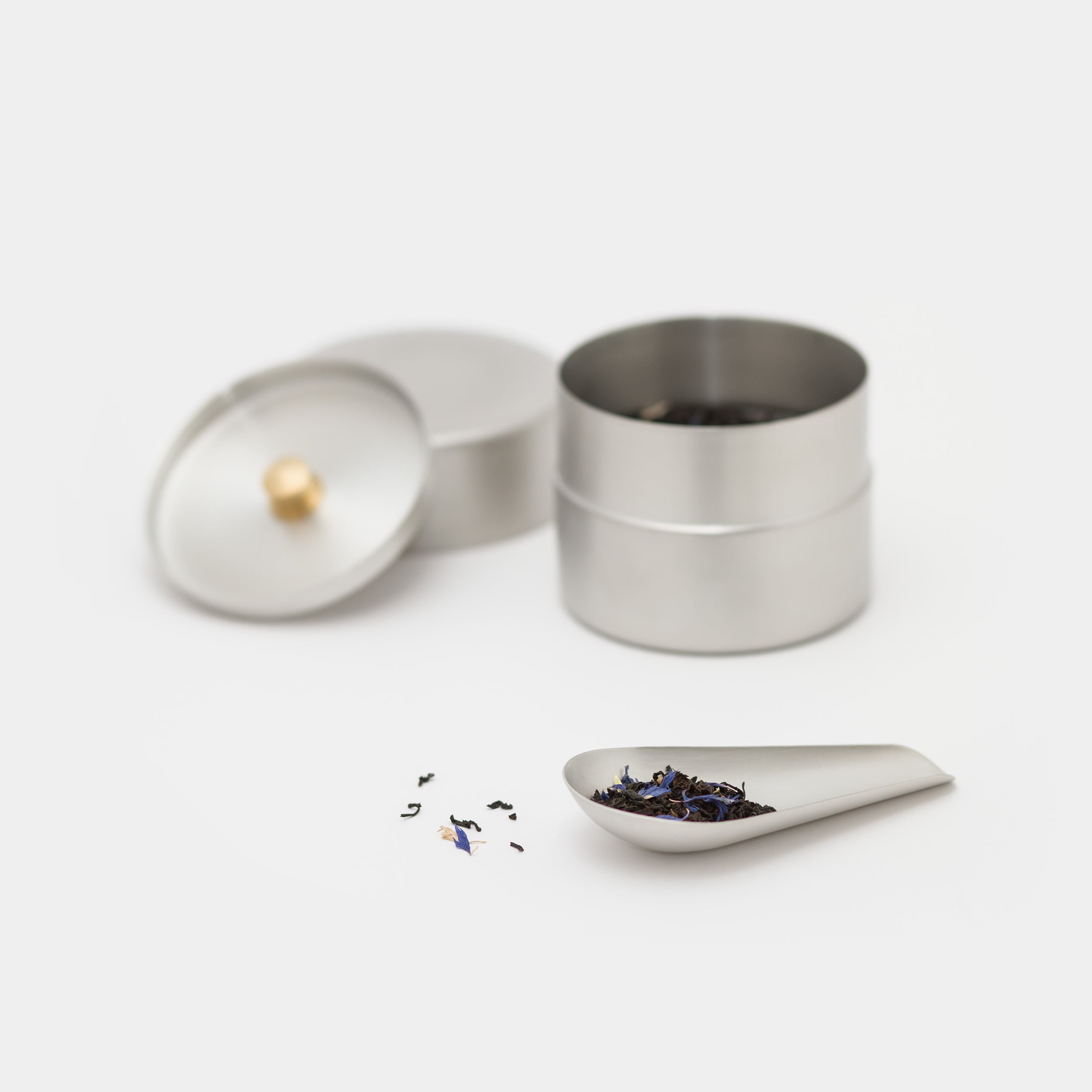 Azmaya Tea Scoop Pear with tea and Azmaya Canister Tin-Plated Copper Small